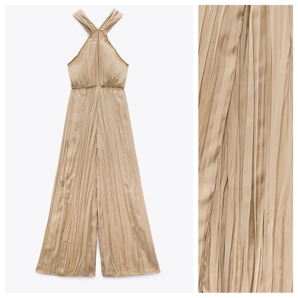 NWT. Zara Stone Satin Effect Wrinkle Look Halter Jumpsuit. Size XS. - Picture 7 of 11